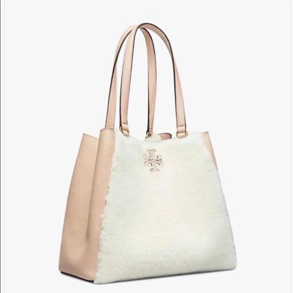 Tory Burch McGraw Shearling Fleece Fur & Leather Tote Bag Sand Beige Pink Ivory